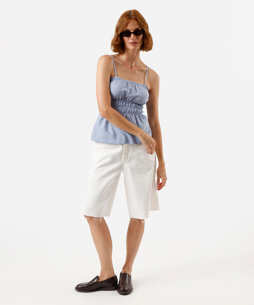 blusa alça fina feminina franzida xadrez azul