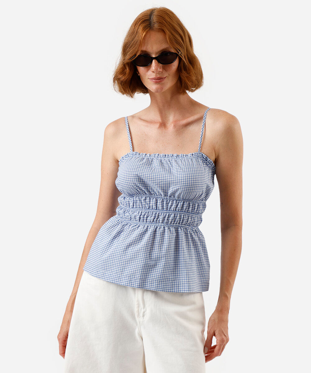 blusa alça fina feminina franzida xadrez azul