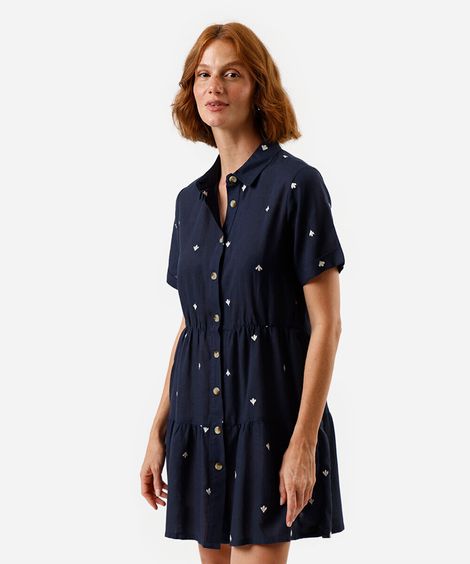vestido curto chemise feminino com linho bordado azul
