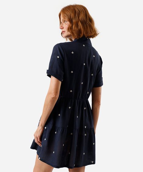 vestido curto chemise feminino com linho bordado azul
