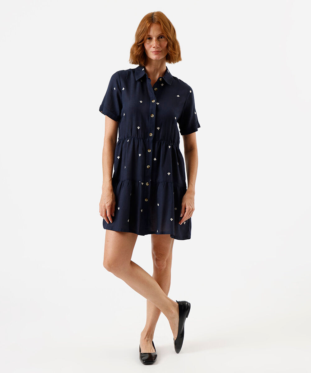 vestido curto chemise feminino com linho bordado azul