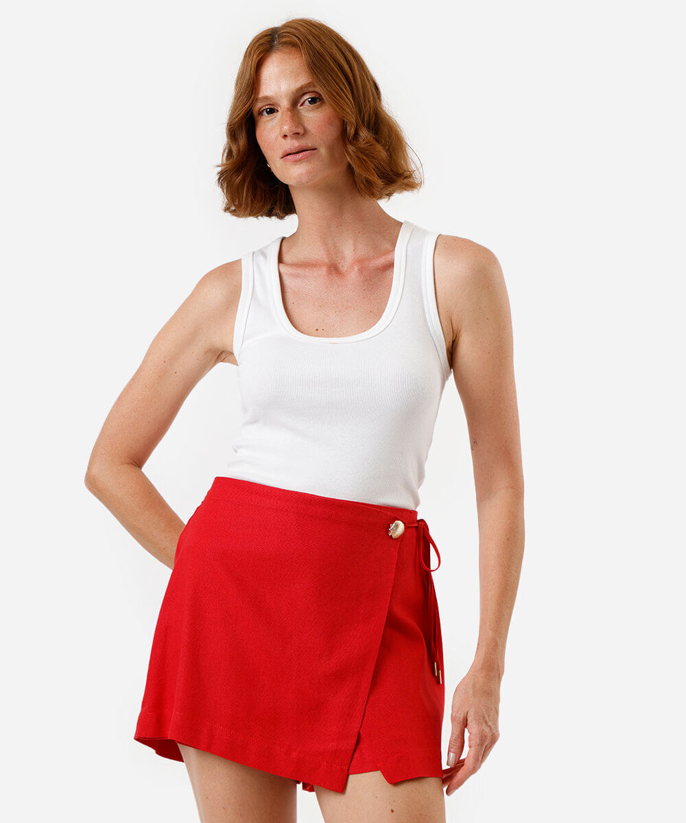 short saia feminino com linho vermelho