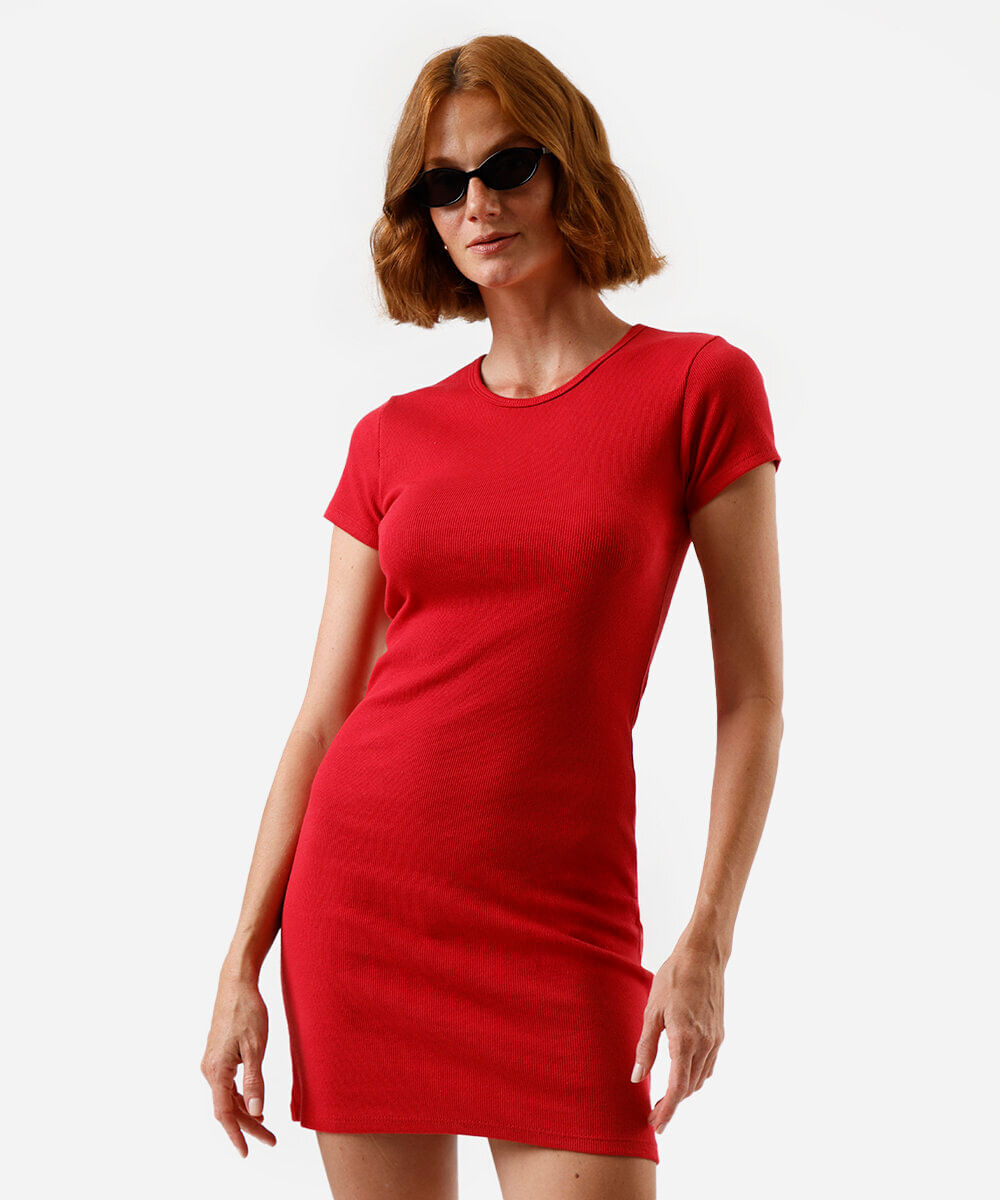 vestido básico feminino de algodão canelado vermelho