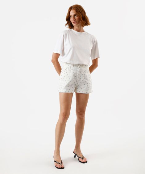 short mom feminino de sarja floral off white