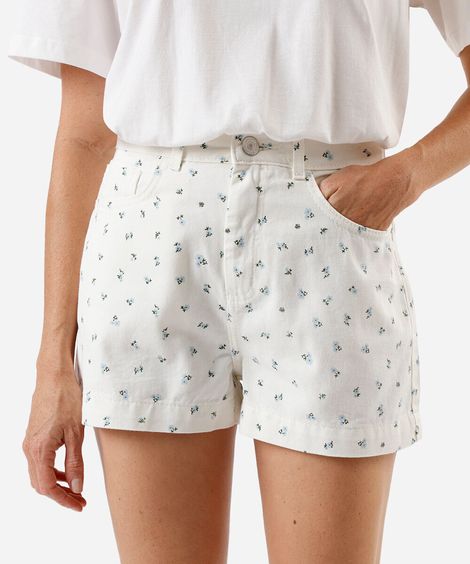 short mom feminino de sarja floral off white