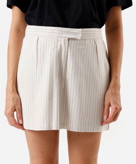 short saia feminino com linho risca de giz bege
