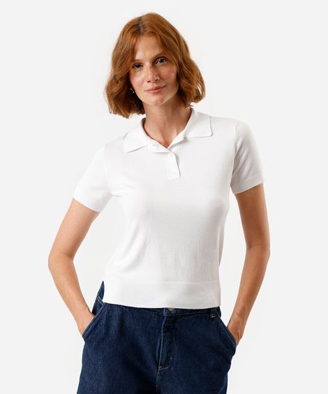 polo feminina de tricot manga curta off white