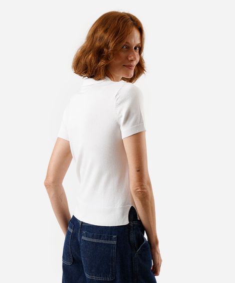 polo feminina de tricot manga curta off white