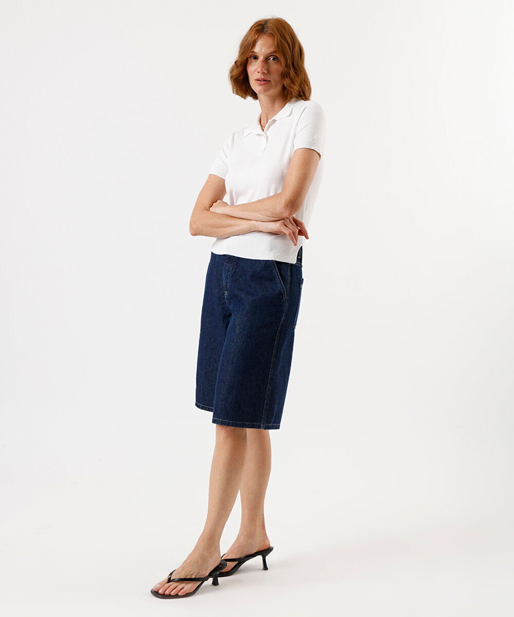 polo feminina de tricot manga curta off white