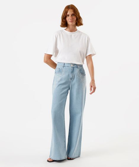 calça wide leg feminina jeans bordado floral azul