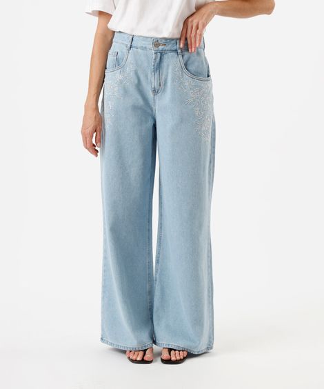 calça wide leg feminina jeans bordado floral azul
