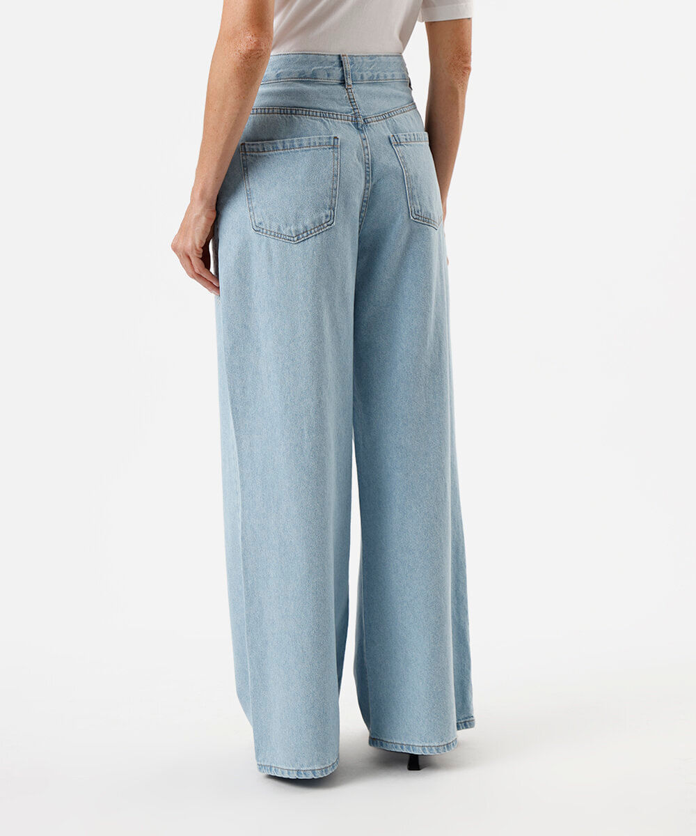 calça wide leg feminina jeans bordado floral azul