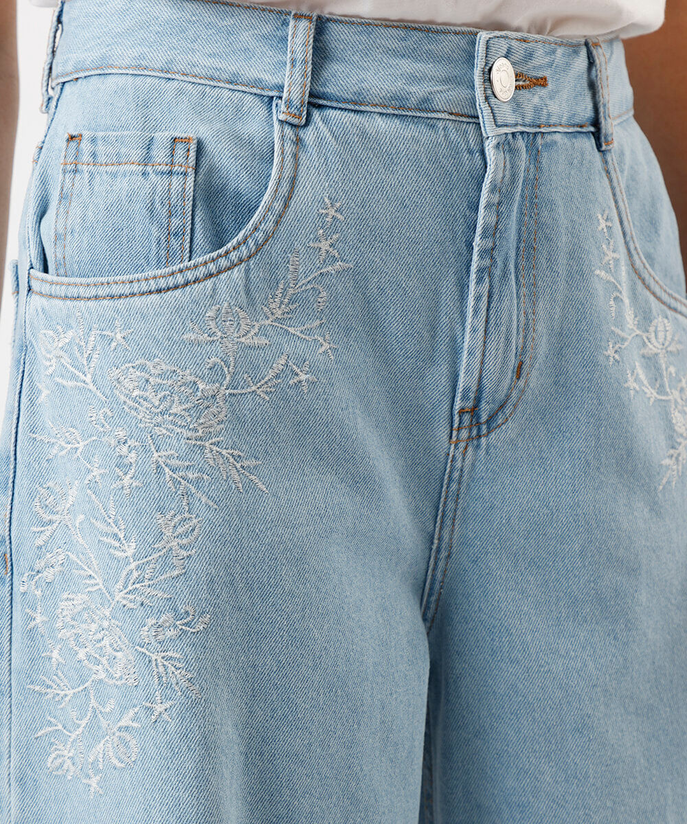 calça wide leg feminina jeans bordado floral azul