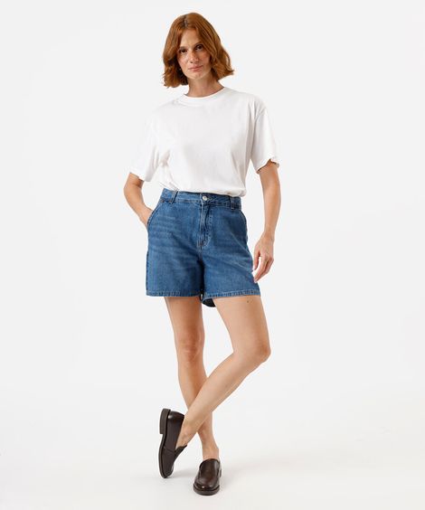 bermuda mom feminina jeans cintura alta azul