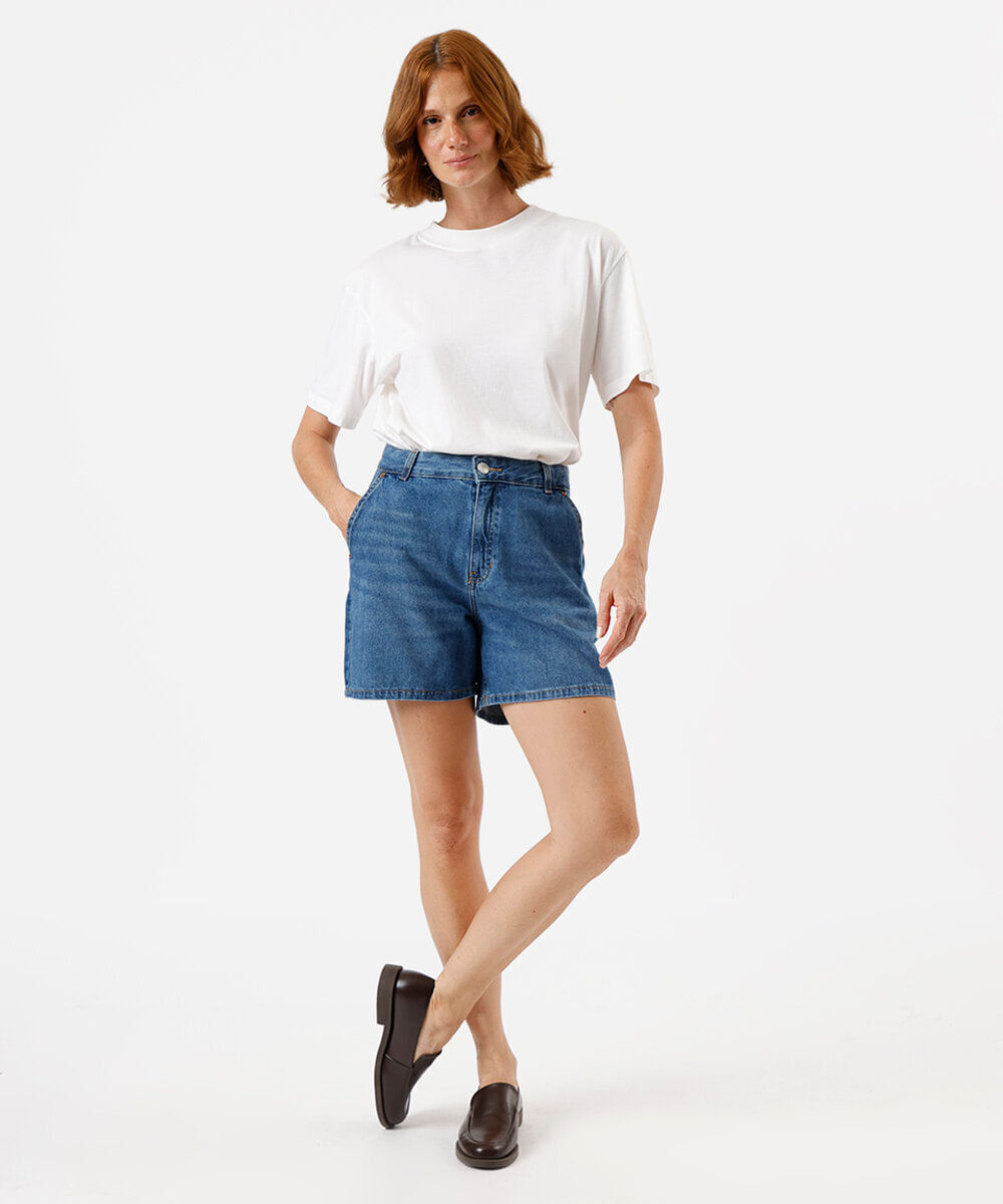 bermuda mom feminina jeans cintura alta azul