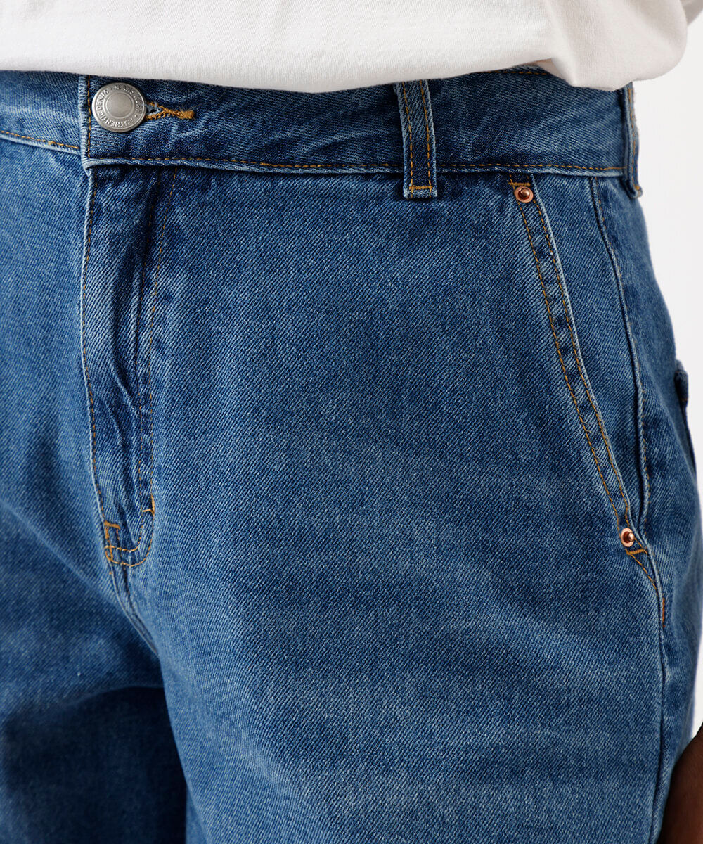 bermuda mom feminina jeans cintura alta azul