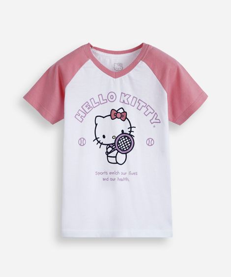 camiseta raglan infantil de algodão hello kitty off white