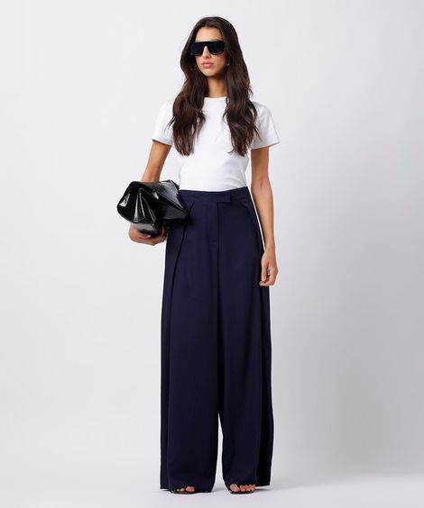 calça wide leg feminina com linho e pregas mindset azul