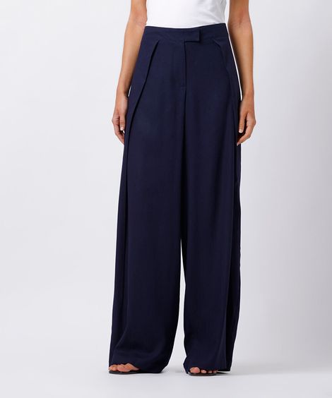 calça wide leg feminina com linho e pregas mindset azul