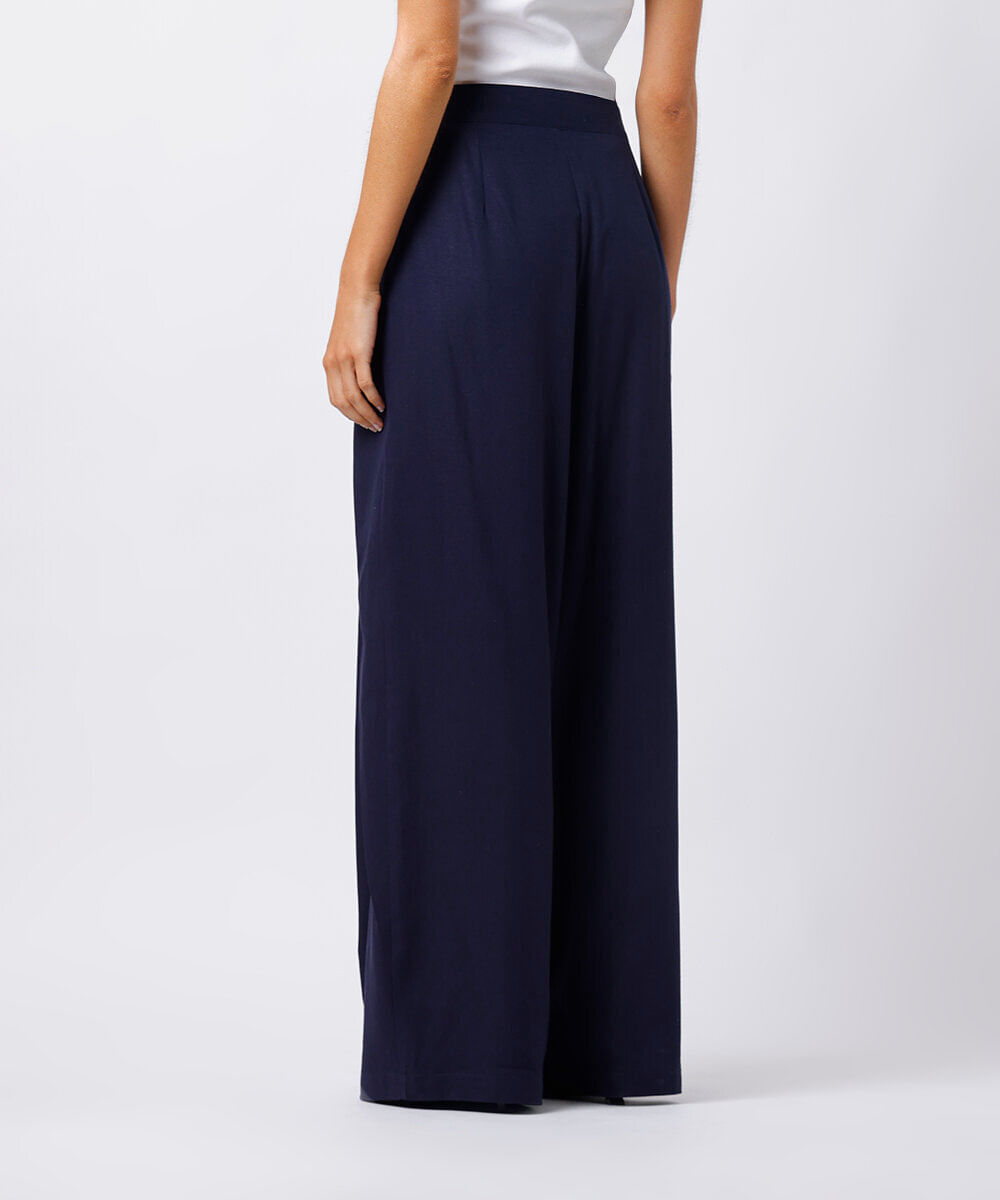 calça wide leg feminina com linho e pregas mindset azul