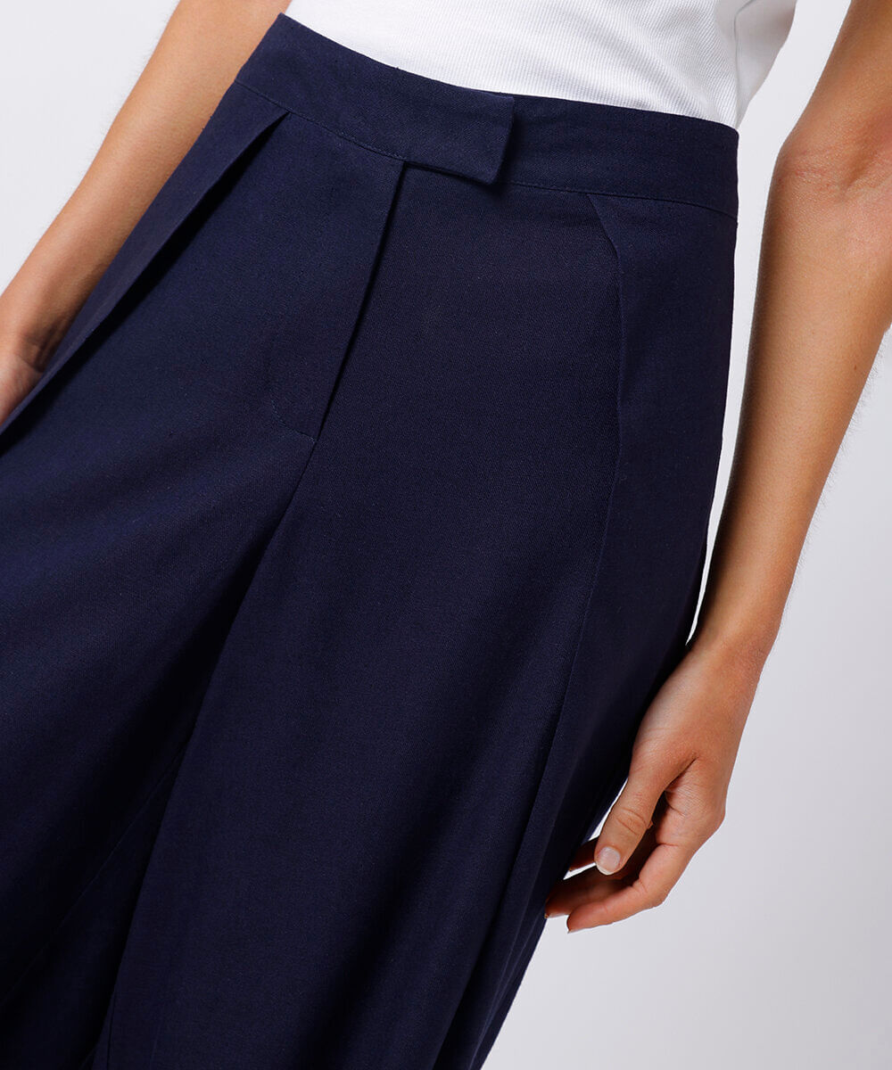 calça wide leg feminina com linho e pregas mindset azul