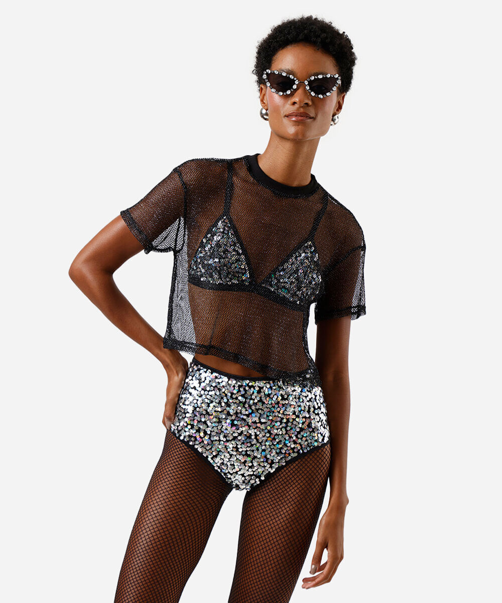 cropped de tela com lurex preto