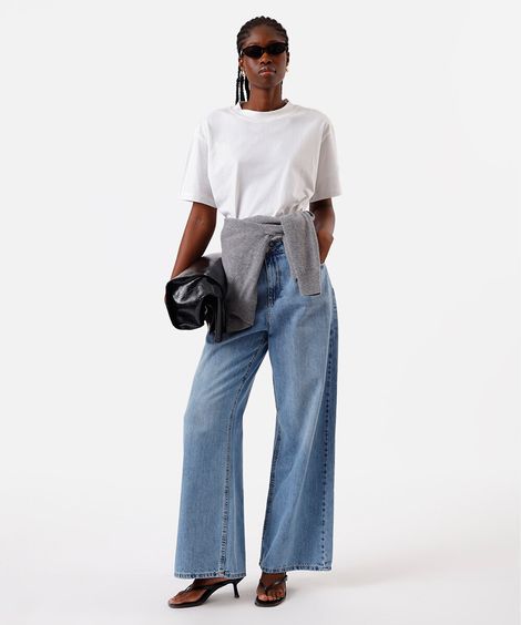 calça wide leg feminina jeans cintura alta azul