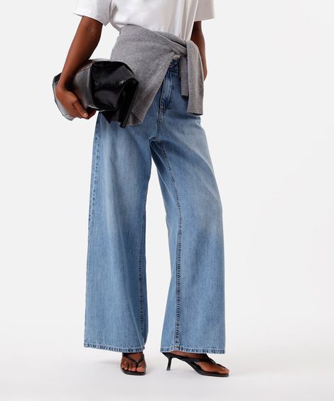 calça wide leg feminina jeans cintura alta azul