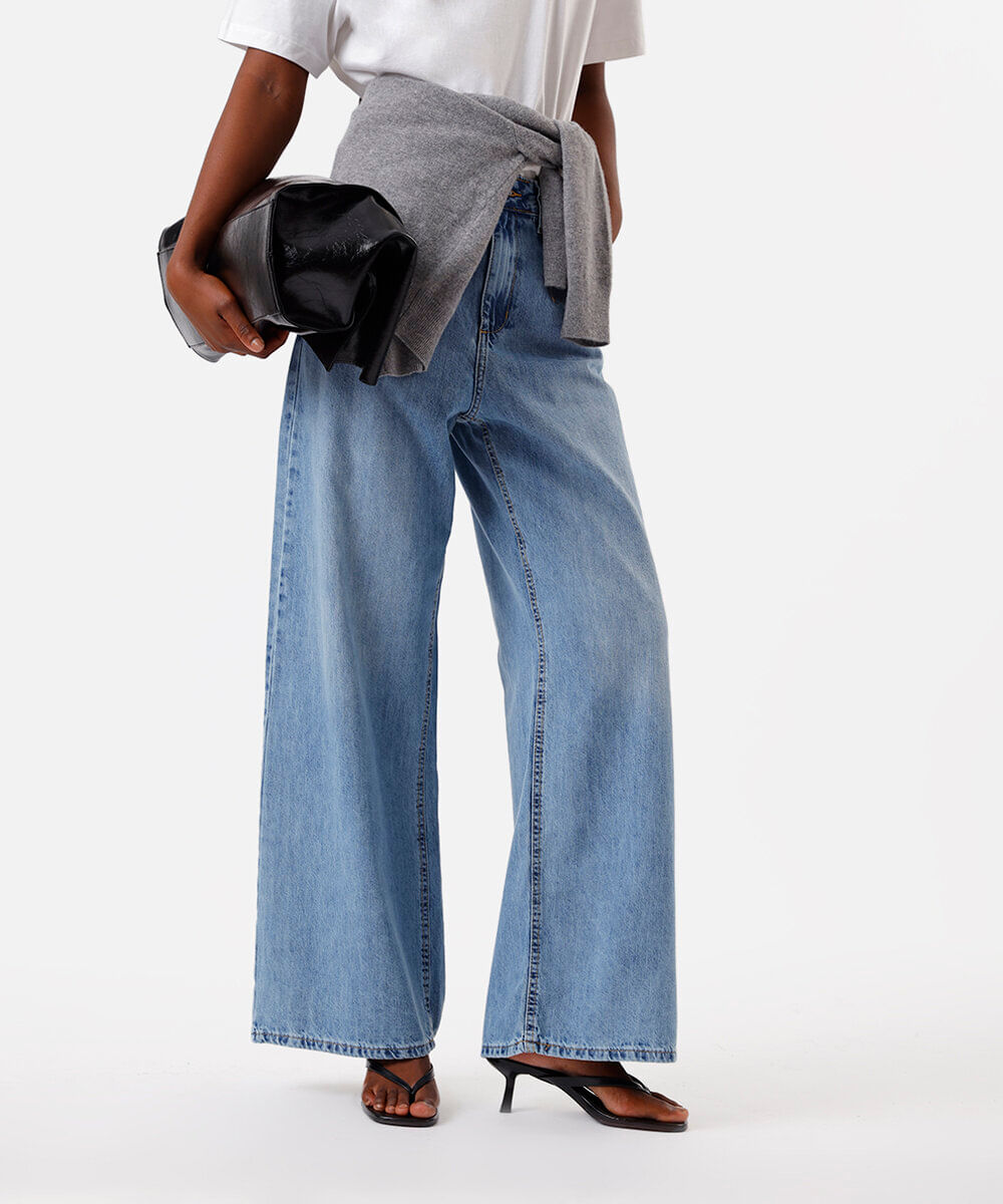 calça wide leg feminina jeans cintura alta azul