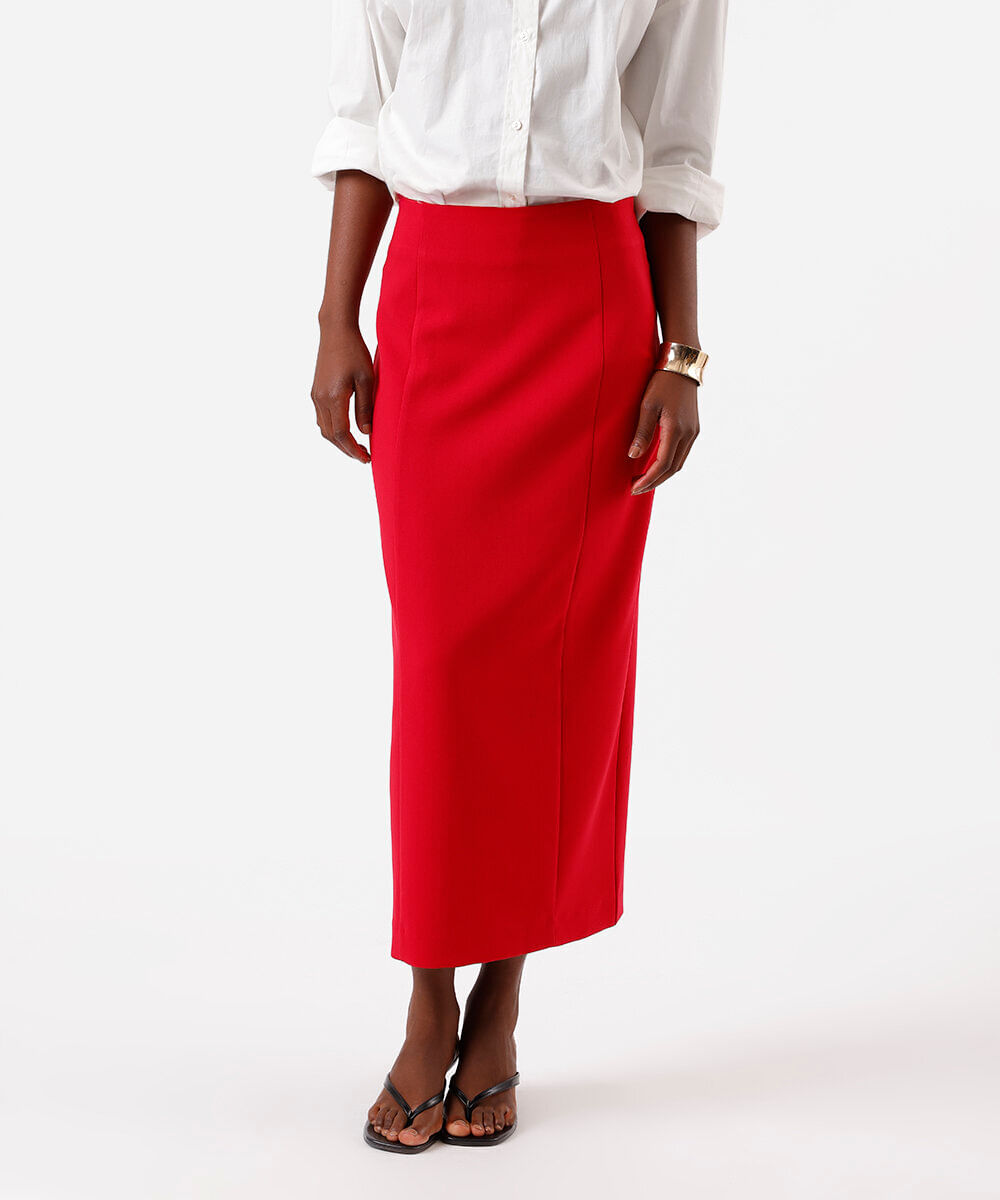 saia lápis feminina de alfaiataria com fenda vermelha