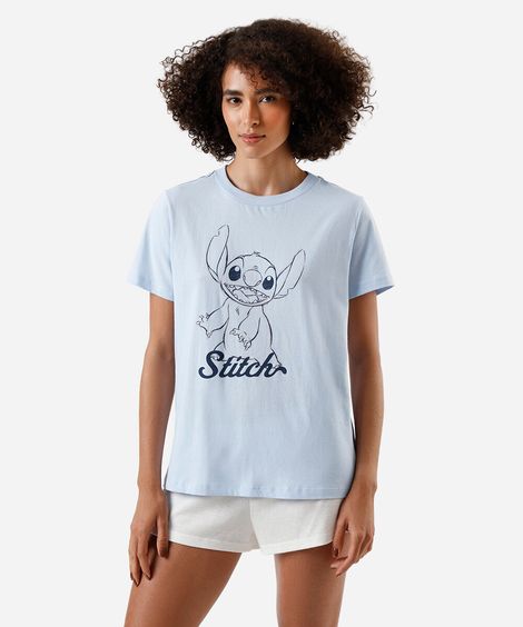 camiseta de pijama feminina em algodão stitch azul