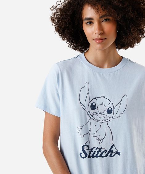 camiseta de pijama feminina em algodão stitch azul