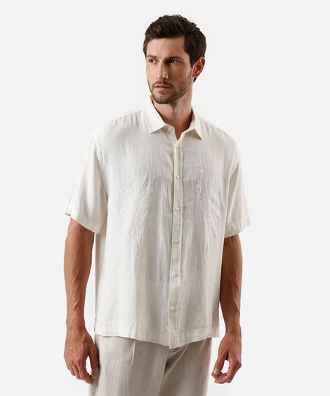 camisa masculina com linho bordada off white