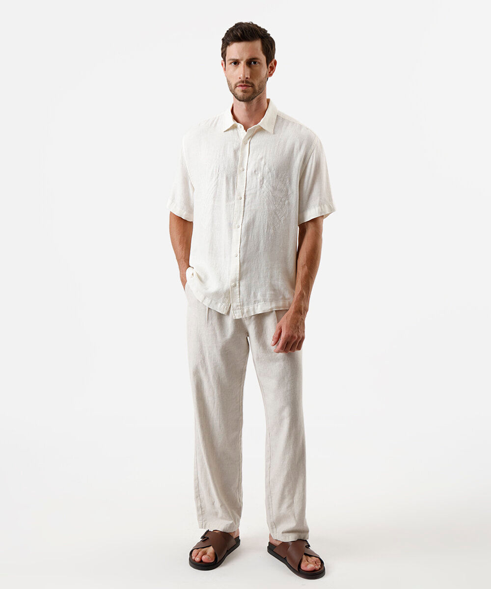 camisa masculina com linho bordada off white