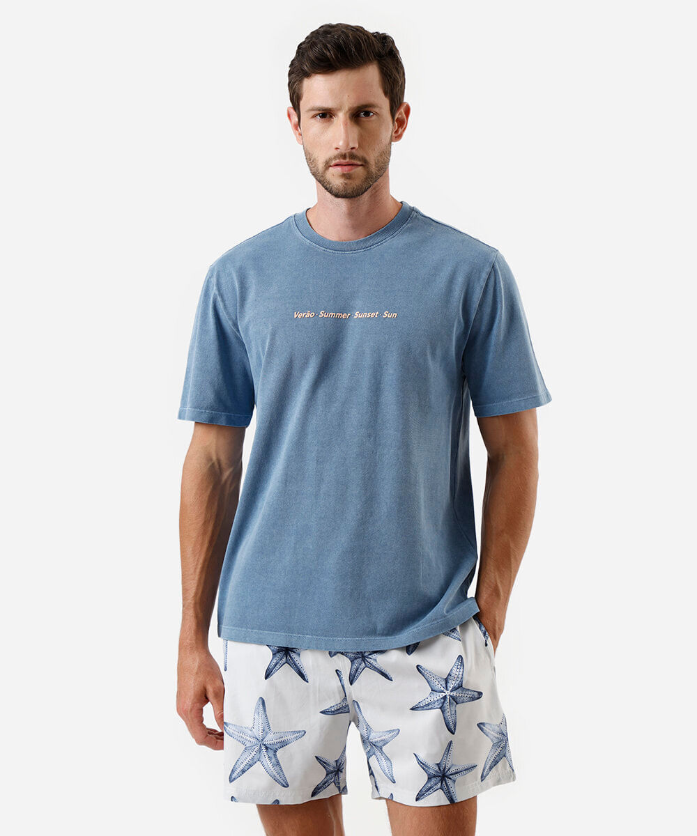 short masculino cós elástico estampado off white