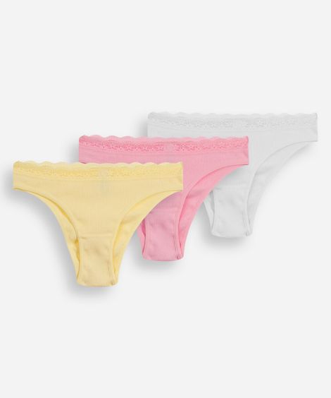 kit de 3 calcinhas biquíni com renda colorido