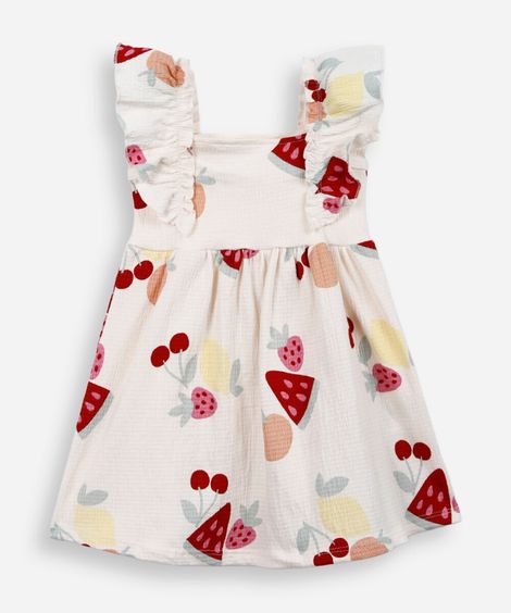 vestido infantil de algodão texturizado frutas off white