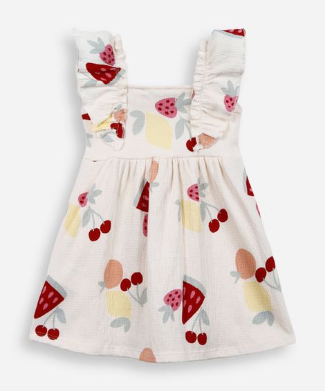 vestido infantil de algodão texturizado frutas off white