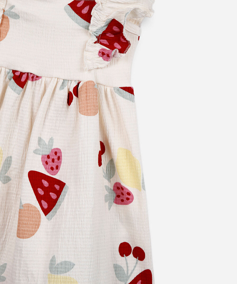 vestido infantil de algodão texturizado frutas off white