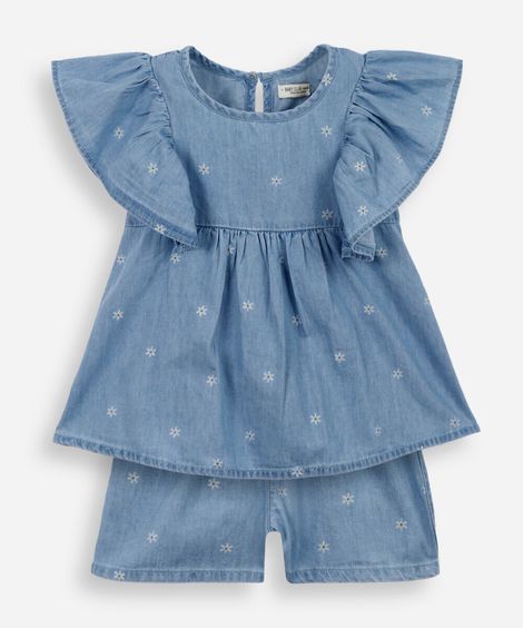 conjunto curto infantil jeans floral azul