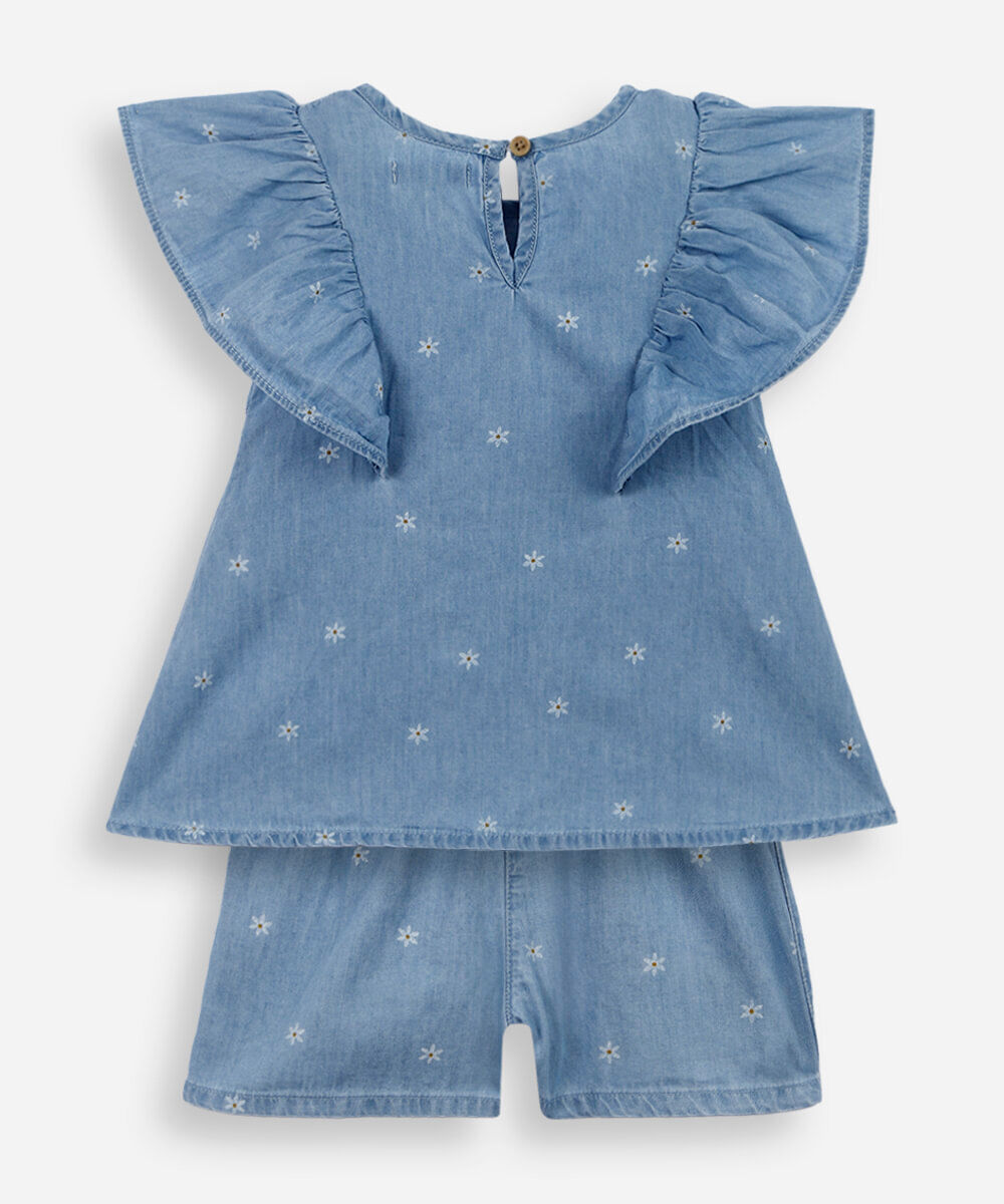 conjunto curto infantil jeans floral azul