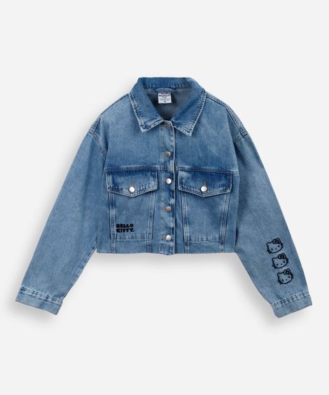 jaqueta jeans juvenil bordada hello kitty azul