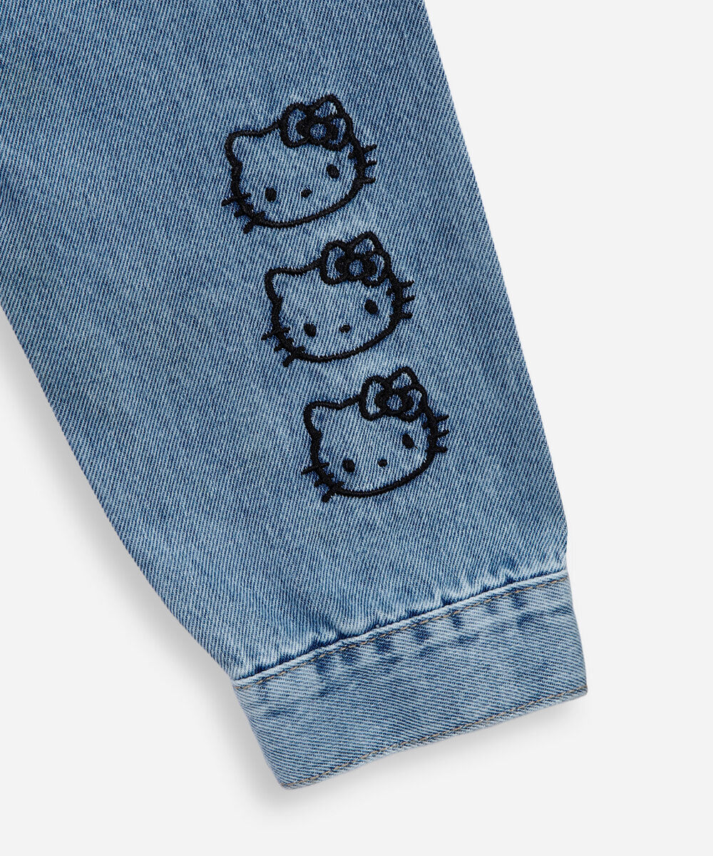 jaqueta jeans juvenil bordada hello kitty azul