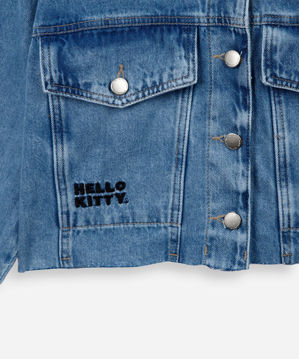 jaqueta jeans juvenil bordada hello kitty azul