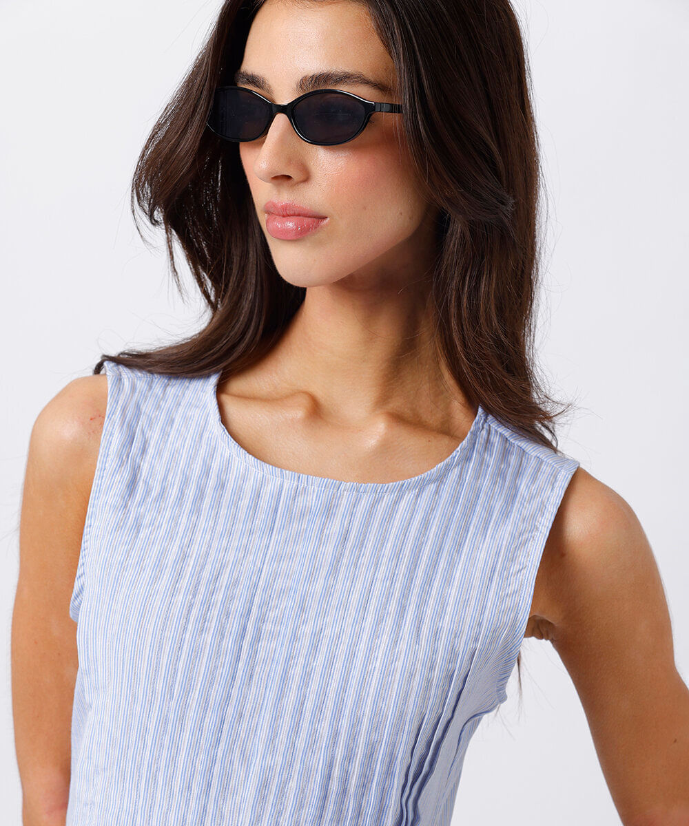 blusa feminina com pregas listrada mindset azul