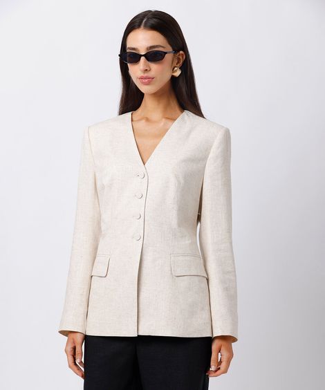 blazer de alfaiataria feminino com linho mindset bege
