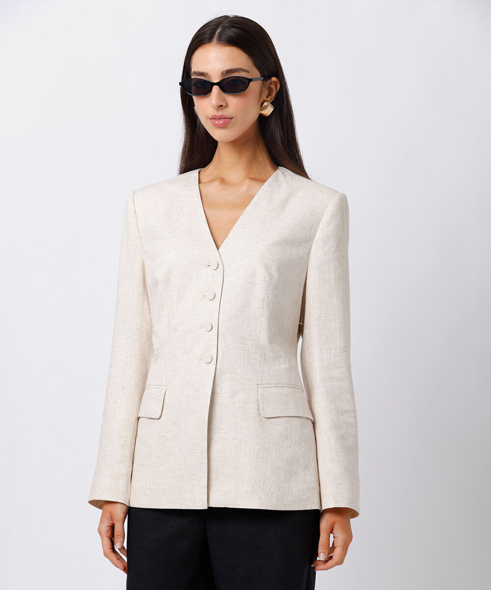 blazer de alfaiataria feminino com linho mindset bege