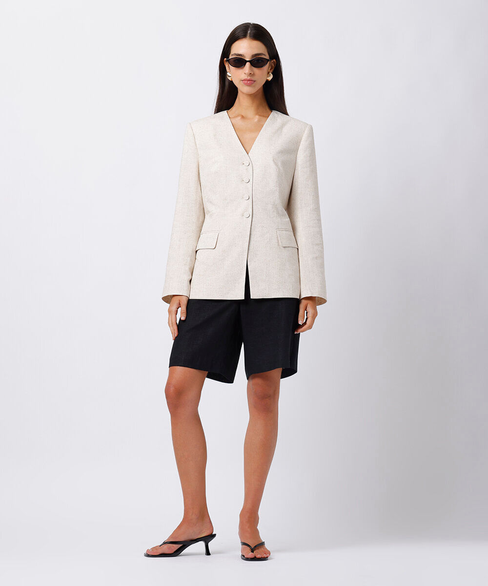 blazer de alfaiataria feminino com linho mindset bege