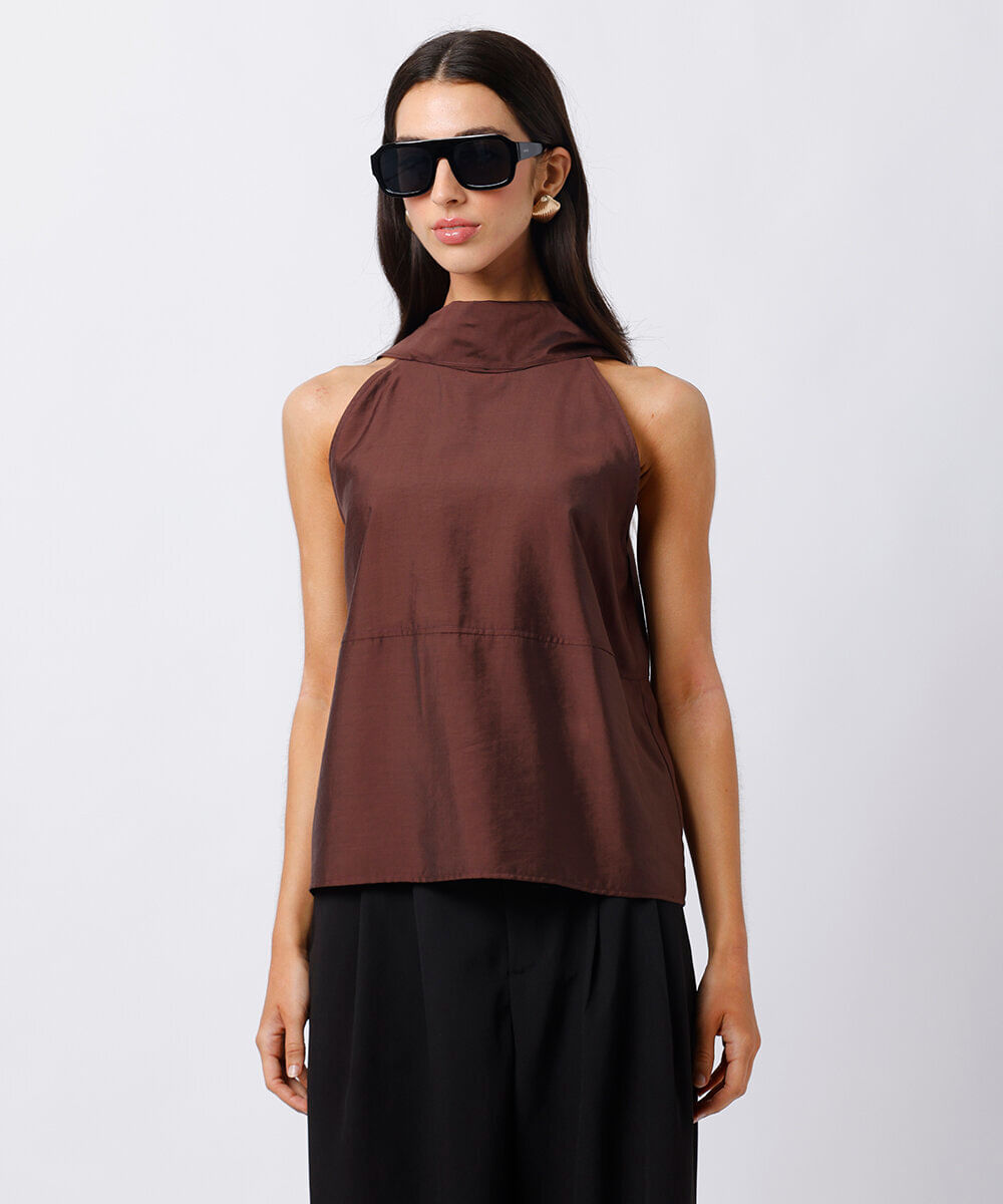 blusa halterneck feminina com recorte e amarração mindset marrom