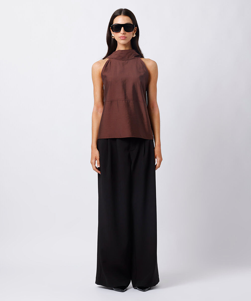 blusa halterneck feminina com recorte e amarração mindset marrom
